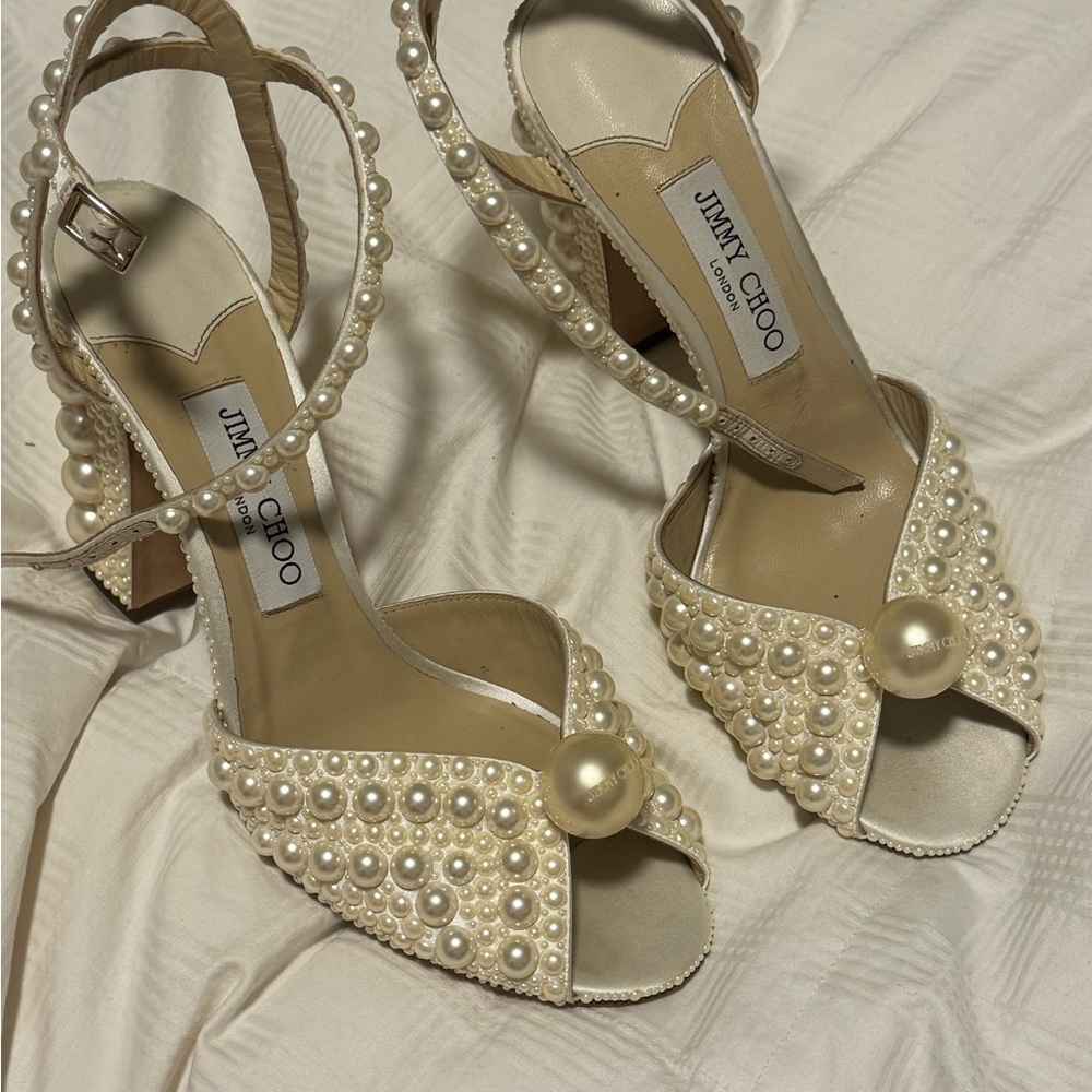 Jimmy Choo Sacaria Pearl Embellished ivory Heels